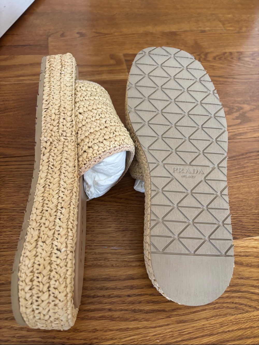 Prada Raffia Neutral Woven Platform Slide Sandals size 40 - 10 - Picture 7 of 9